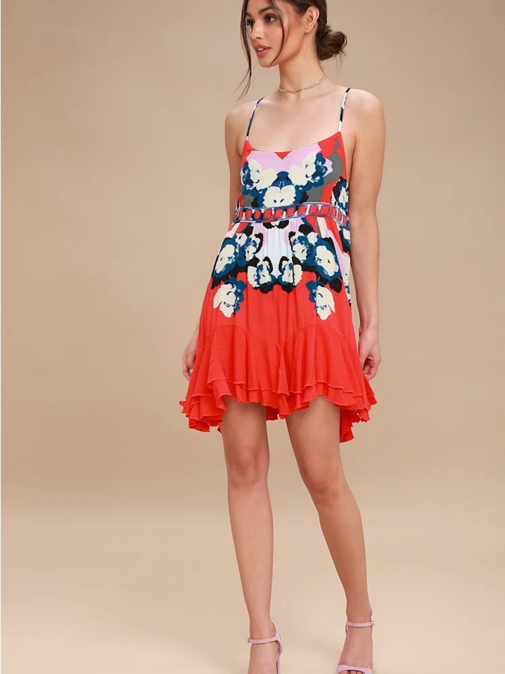 Free People Intimately Sweet Lucy Coral Red Print Slip- Size M